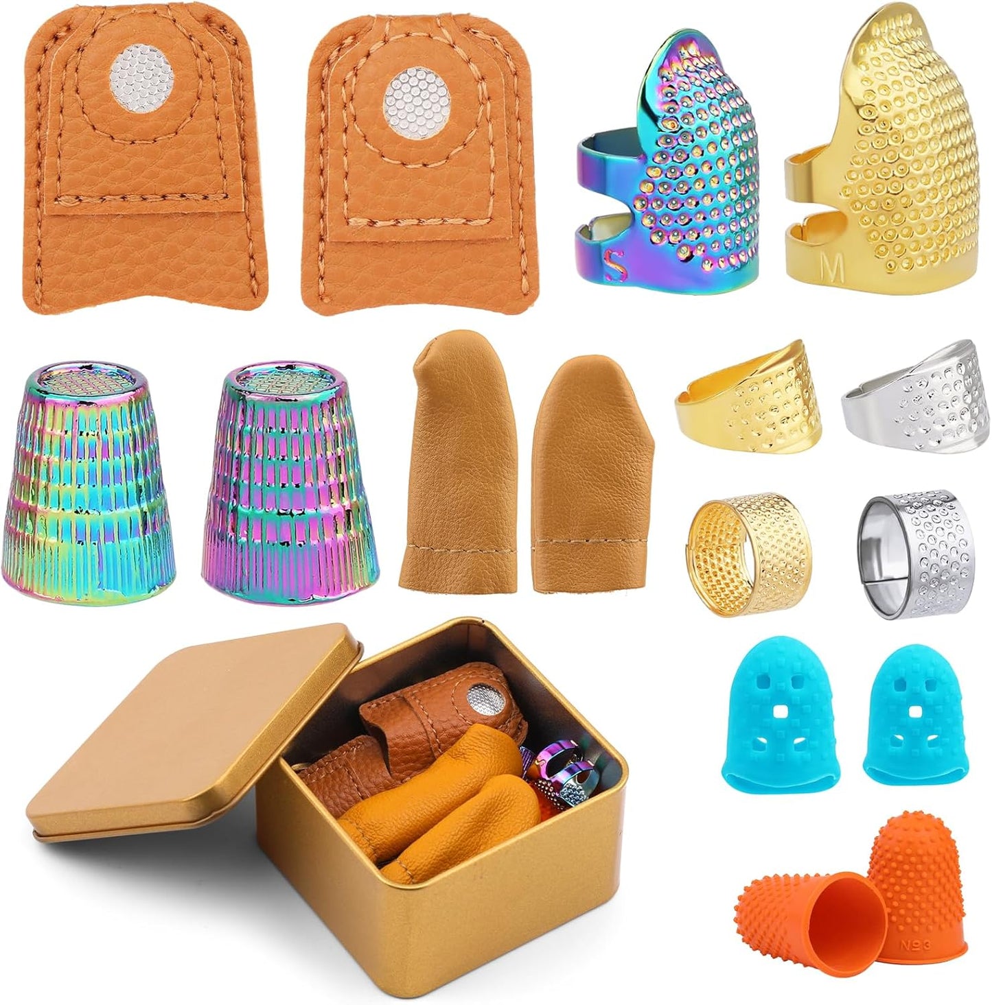 Ftyiwu Sewing Thimble, Hand Sewing Thimble with Storage Box, Adjustable Metal Sewing Thimble, Leather Finger Protector, DIY Hand Sewing Tool Accessories