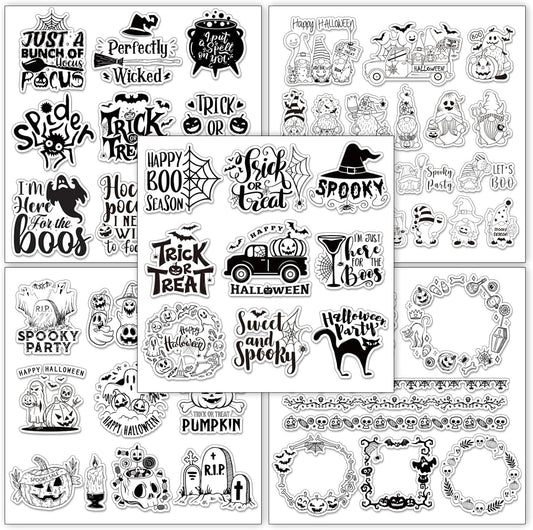 Whaline 5 Sheets Halloween Clear Stamps Gnome Pumpkin Spider Silicone Transparent Stamps Trick or Treat Border Stamp Cards for DIY Card Making Scrapbooking Embossing Album Decor