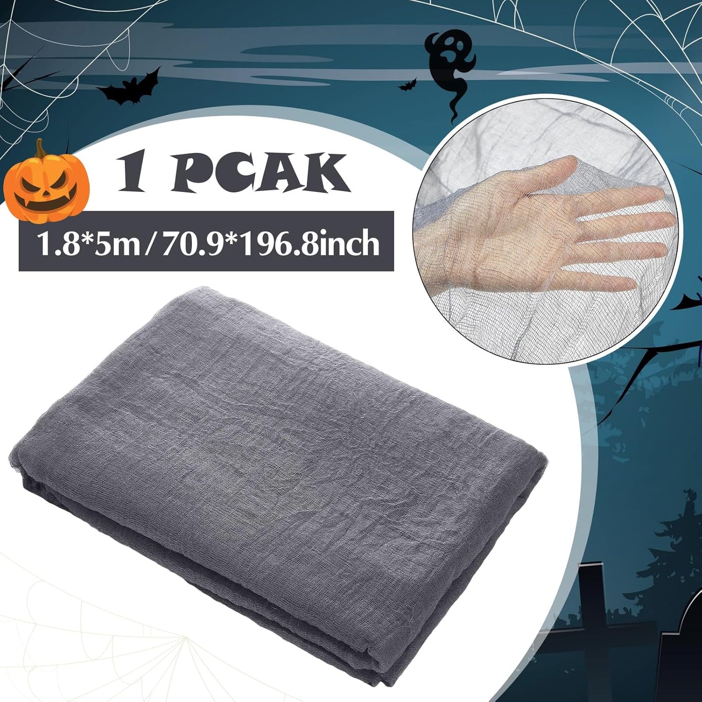 Boao Halloween Cheese cloth 70.87 x 196.85 Inch Gray Cheesecloth Roll for Crafts Large Cotton Muslin Gauze Fabric for Halloween Outdoor & Indoor Spooky Decoration