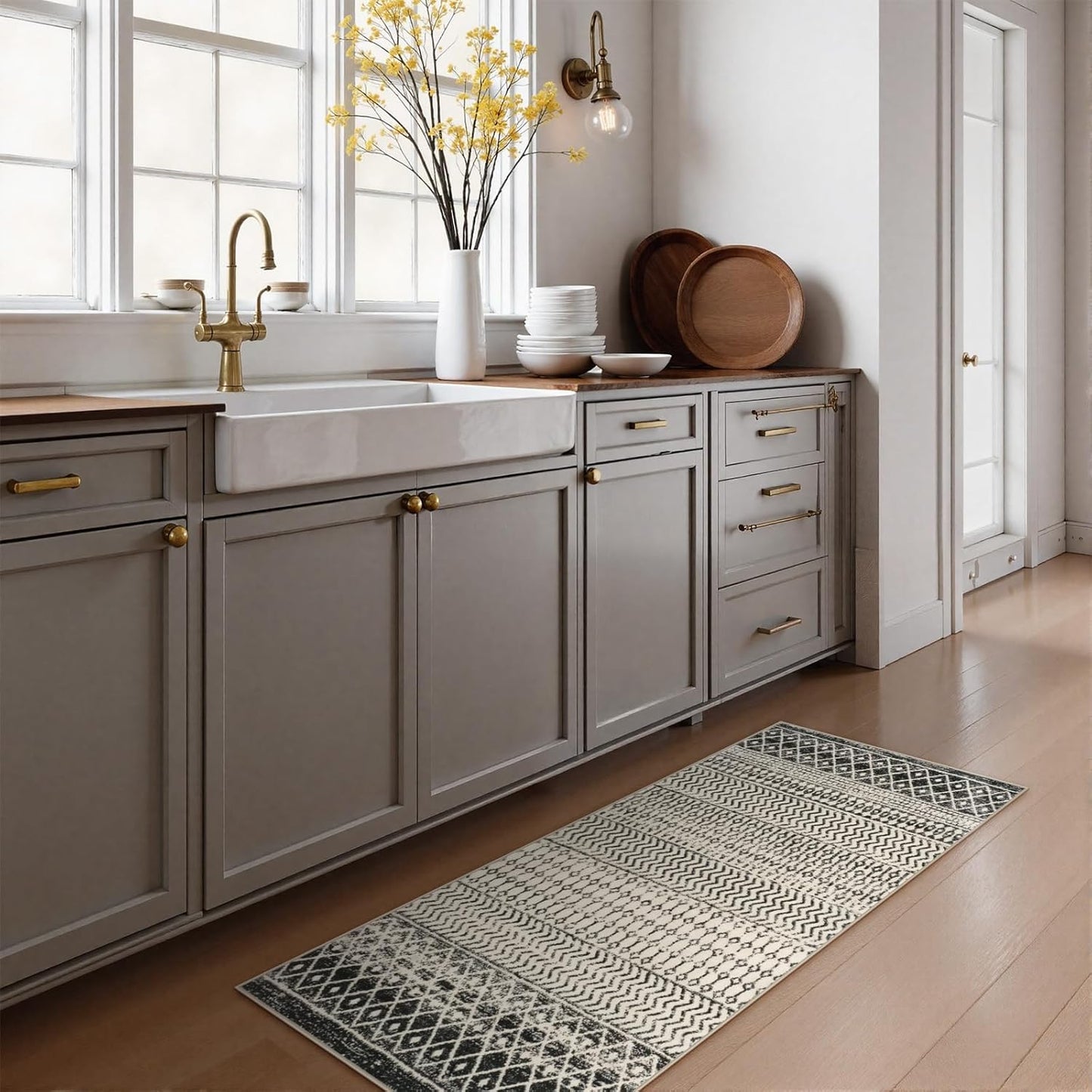 Moroccan Washable Rug for Entryway, 2x4 Black Distressed Non-Slip Door Mat Indoor Entrance, Soft Low-Pile Accent Rug Boho Area Rug for Bedroom Bathroom Kitchen