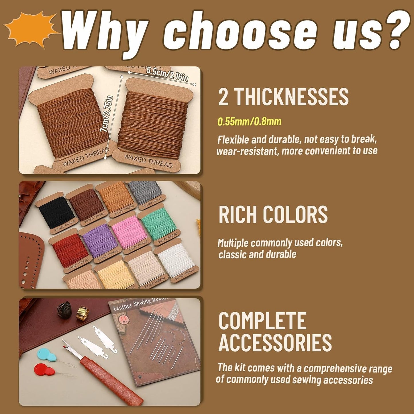 IMZAY Upholstery Repair Kit, Waxed Sewing Thread (12Colors), Heavy Duty Needles(14 PCS), 264 Yards Strong Sewing Thread with Thimbles for Canvas, Leather Sewing