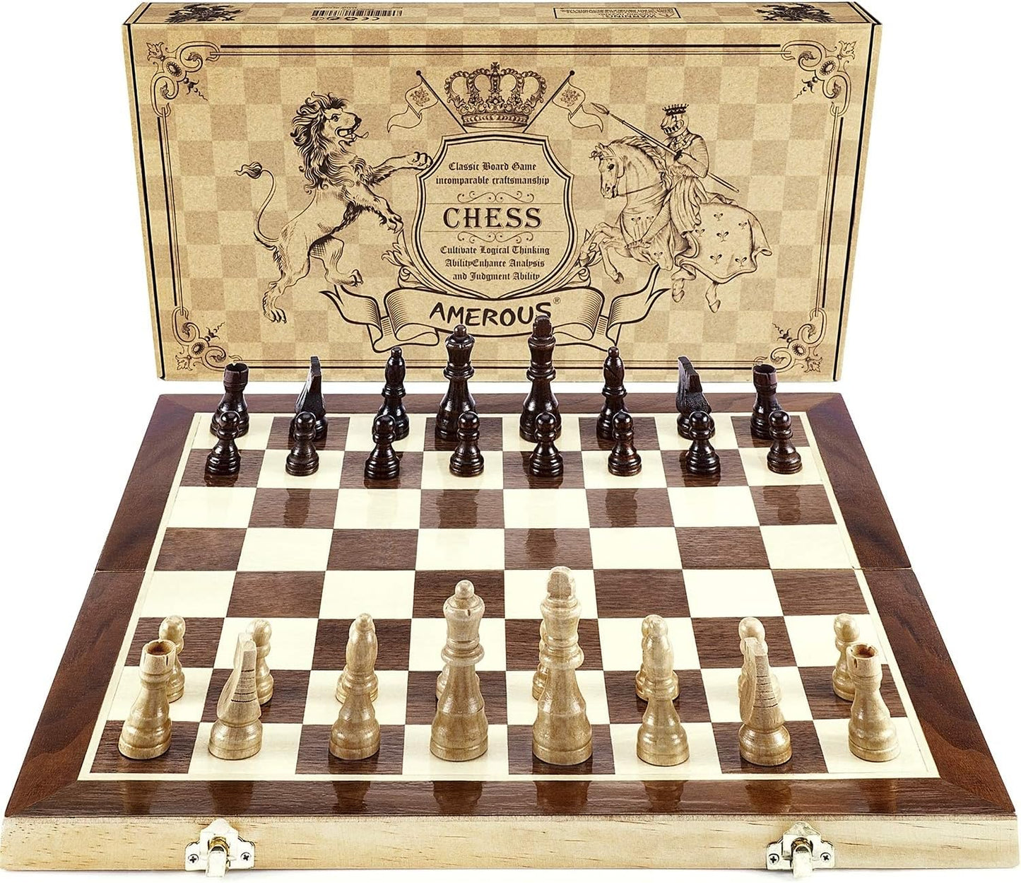 AMEROUS Chess Set, 15"x15" Folding Magnetic Wooden Standard Chess Game Board Set with Wooden Crafted Pieces and Chessmen Storage Slots