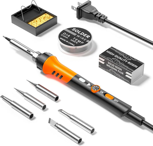 60W Adjustable Temperature Soldering Iron Kit - 9-in-1 With 5 Tips, Solder Wire Stand for Soldering and Repair