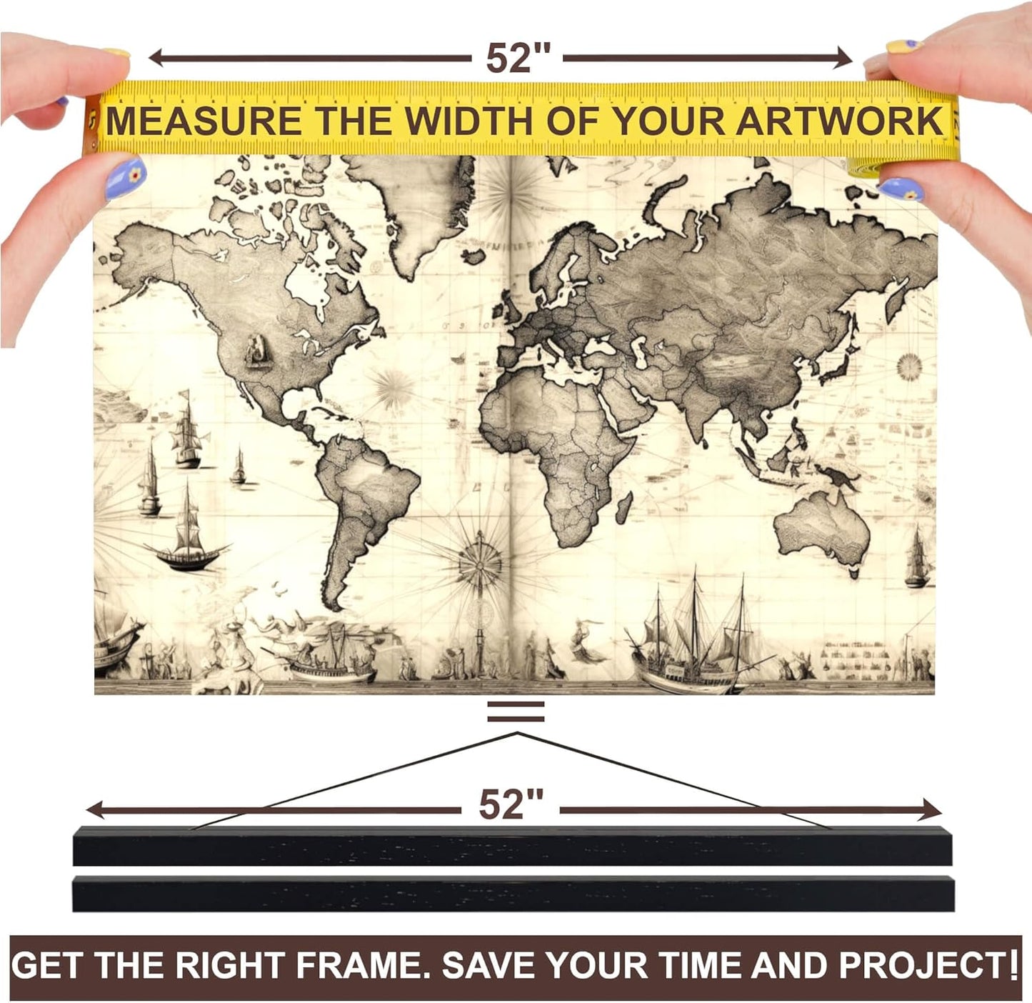 DACRI HOME 52" Magnetic Poster Hanger Frame - Sturdy Teak Wood Poster Frame 52x20 52x32 52x36, Strong Magnets for Easy Hanging Map Picture Canvas Print Scroll Wall Art (52 Inch, Black)