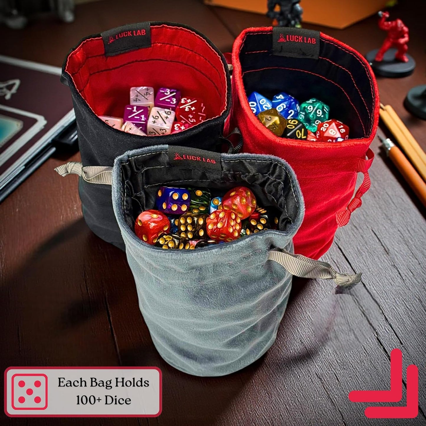 Luck Lab Velvet Drawstring Dice Bag - Set of Three Colors - Dungeons and Dragons Fabric/Standing Cotton Fabric Dice Bags/D&D Dice Pouch/Small Pouch/Velvet Jewelry Bag (Red, Black, Grey)