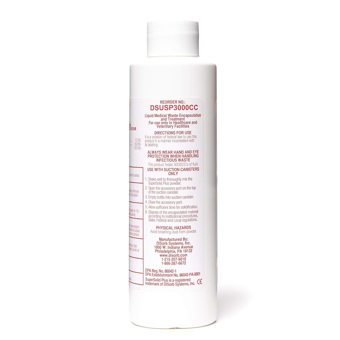 DiSorb Suction Canister Sterilizer Absorbent Powder - Absorbs Bodily Fluids & Blood - For Hospitals, Health Care Facilities, Veterinary Clinics - EPA Approved Solidifier - 1200cc -100 Bottles Per Case