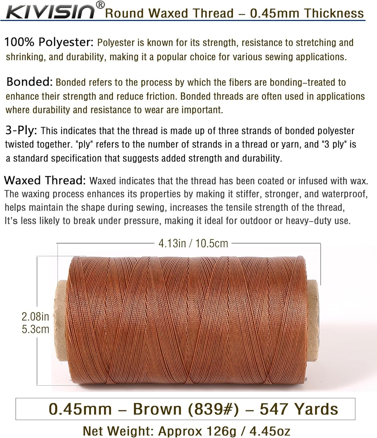 Thin Wax Polyester Thread, 0.45mm, 547 Yards, 3 Ply Round Waxed Cord Strings for Sewing, Beading, Binding, Micro Braiding, Fine Leather Craft and Micro Macrame Jewelry - Brown