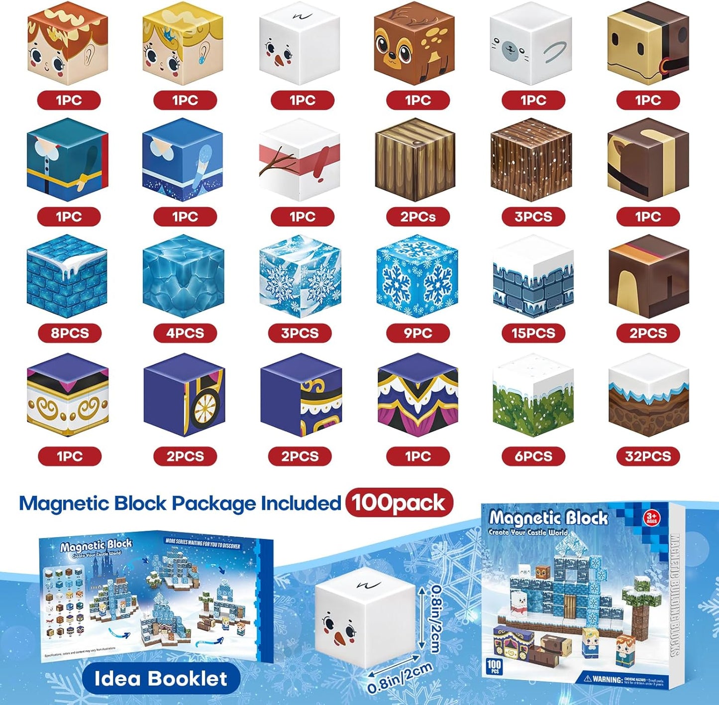 100pcs Magnetic Blocks, Magnetic Blocks for Kids Ages 4-8, Magnetic Cubes Sets for Frozen Princess Castle Build, Stacking Magnets for Kids, Birthday Gifts for Boys and Girls Age 3+ Years Old