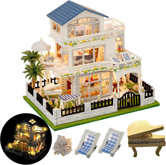 DIY Miniature House Kit, Mini House Kit for Beginners, Mayberry Street Miniatures, Model Building Craft Diorama Kit, Ideal Gifts for Birthday, Christmas(Blue Mansion)