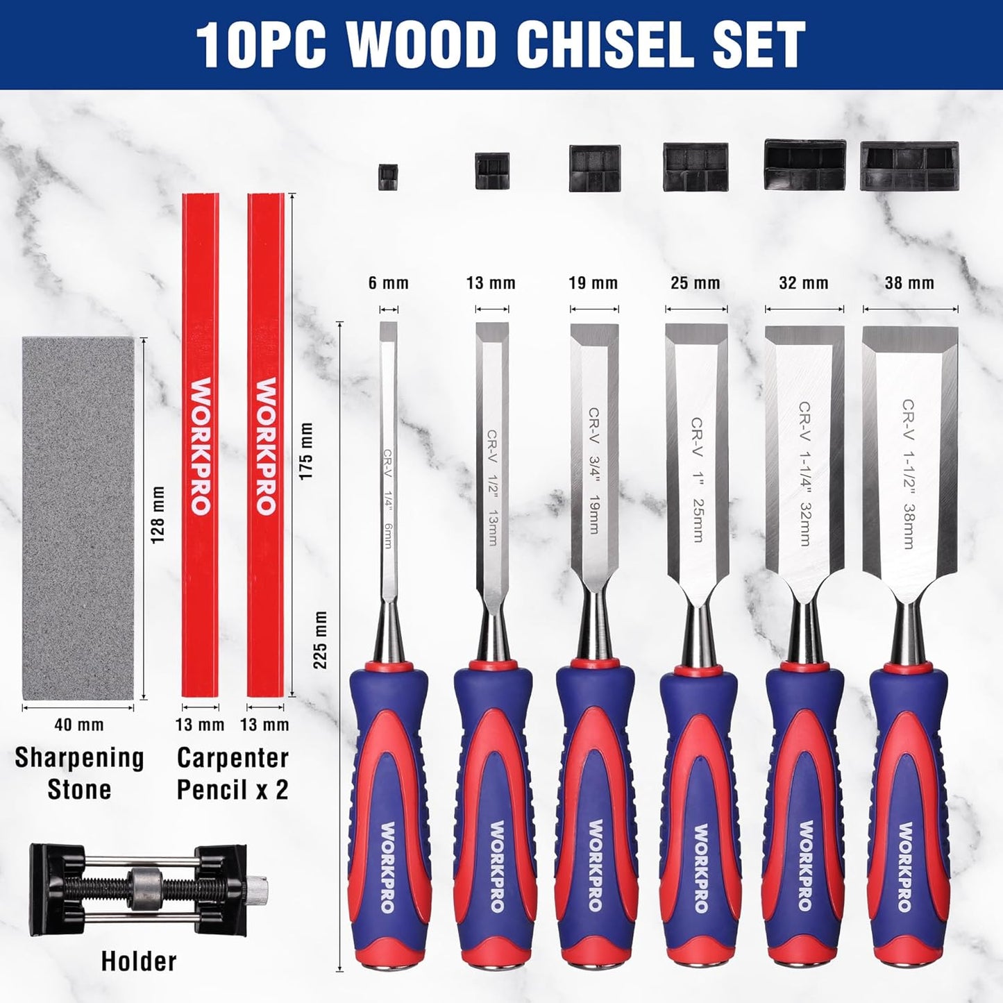 WORKPRO 10-Piece Wood Chisel Set for Woodworking, Cr-V Bevel Edge Chisels (1/4", 1/2", 3/4", 1", 1-1/4", 1-1/2") with Sharpening Stone, Honing Guide, Carpenter Pencils & Storage Case