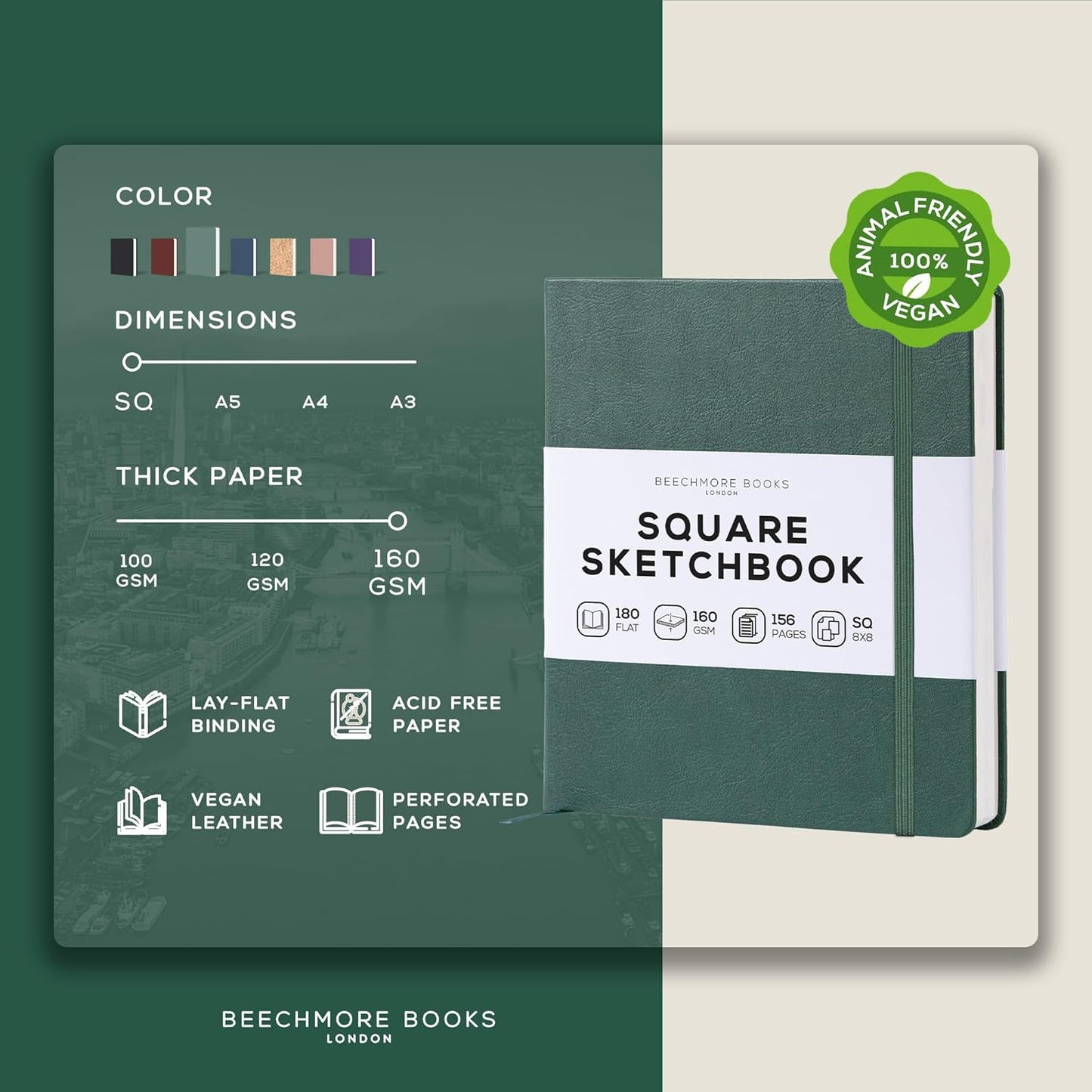 Beechmore Books Square Sketchbook – 8x8 Premium Vegan Leather Bound Large Sketch Book Hardcover with 156 Thick 160gsm Perforated Ivory Pages, Blank Sketch Pad, Gift Boxed Back Pocket, Ribbon Bookmark