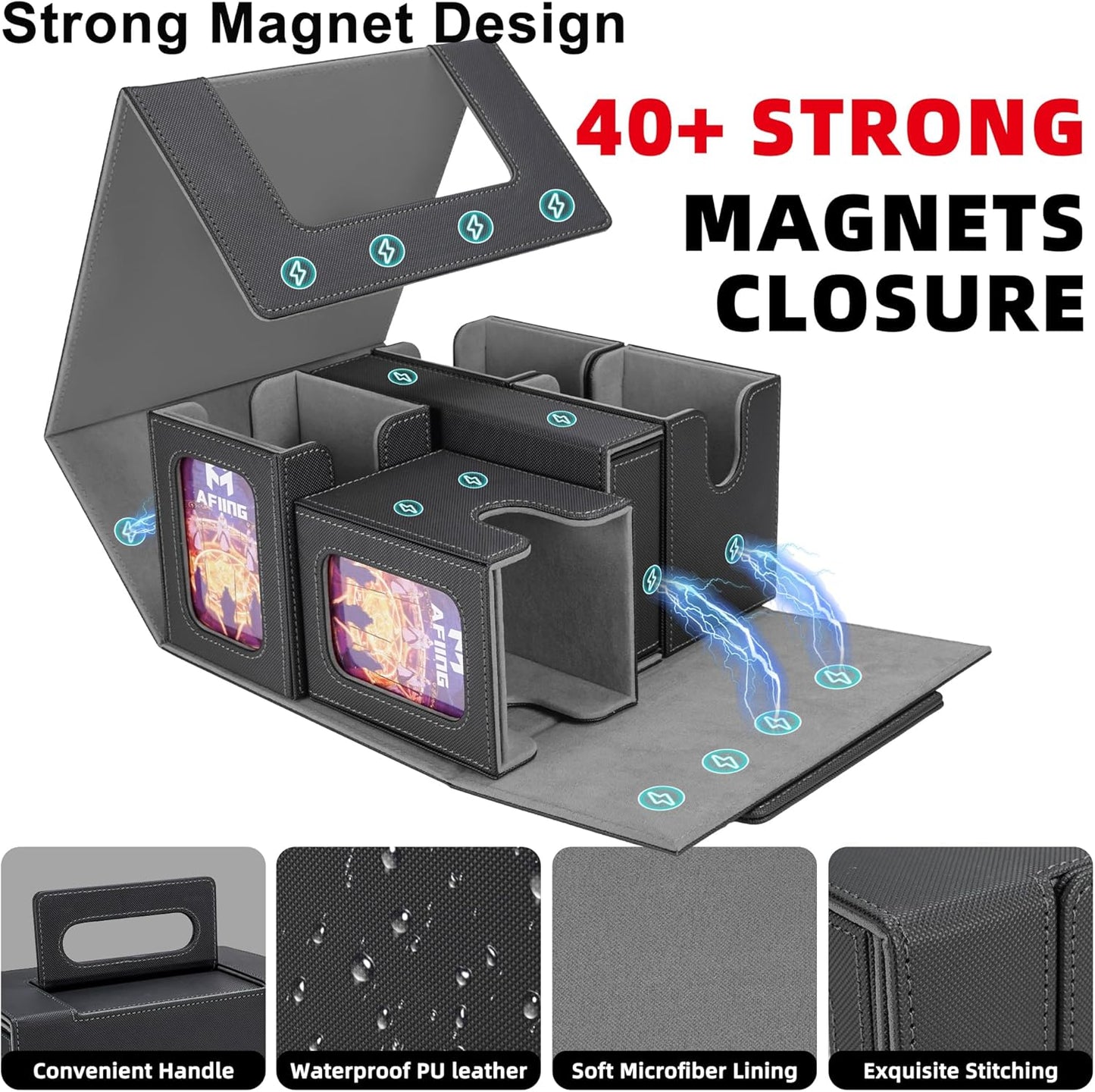 AFIING Commander Deck Box for MTG/EDH, Fits 400+ Double-Sleeved Cards, with Display Window, 4 Removable Deck Cases, Dividers, Dice Tray & Handle, Card Holders for TCG (Black Grey)