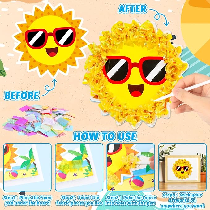 8PCS Poke-in Craft and Art Kit Summer Theme No-Mess Fabric Sewing Art Puzzle Puncture Painting DIY Beach Hawaiian Toy Gift for Creative Activity Game Birthday Party
