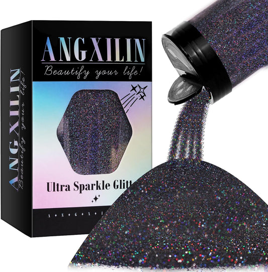 Holographic Fine Glitter for Epoxy Resin DIY Craft,ANGXILIN High Capacity 260g Shaker Bottle Fine Glitter for Nail Art Face Body Make Up,Tumblers Earrings Jewelry Making Fine Glitter (Laser Black)