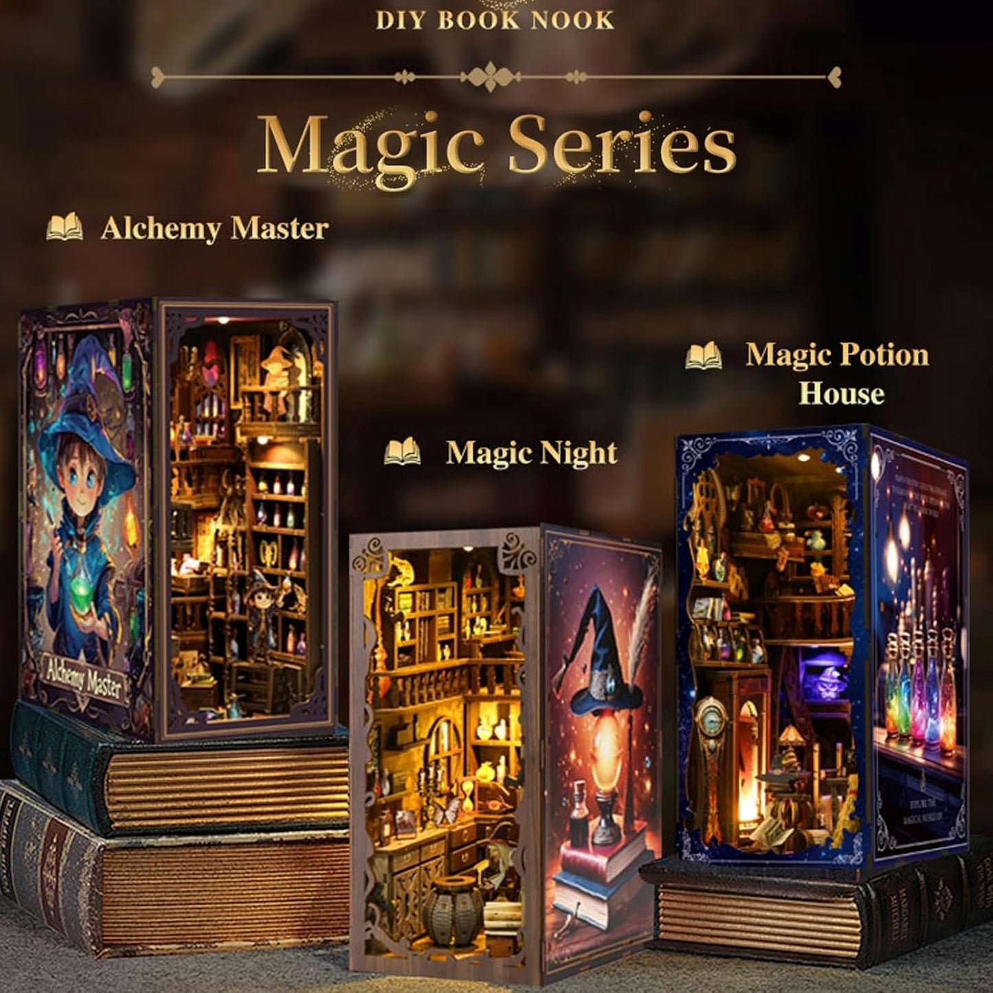 Book Nook Kit for Adults, DIY Miniature House Kit 3D Printed Booknook Wooden Puzzle Dollhouse Bookshelf Insert Decor DIY Craft Gift Model Build with LED Light for Book Lovers - Alchemy Master