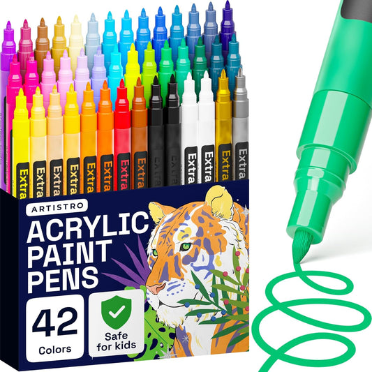ARTISTRO 42 Acrylic Paint Pens, Art Set Acrylic Markers for Textile, Canvas, Rock, Glass, Wood, Paper, Pumpkin, DIY, Paint Markers for Kids and Adults