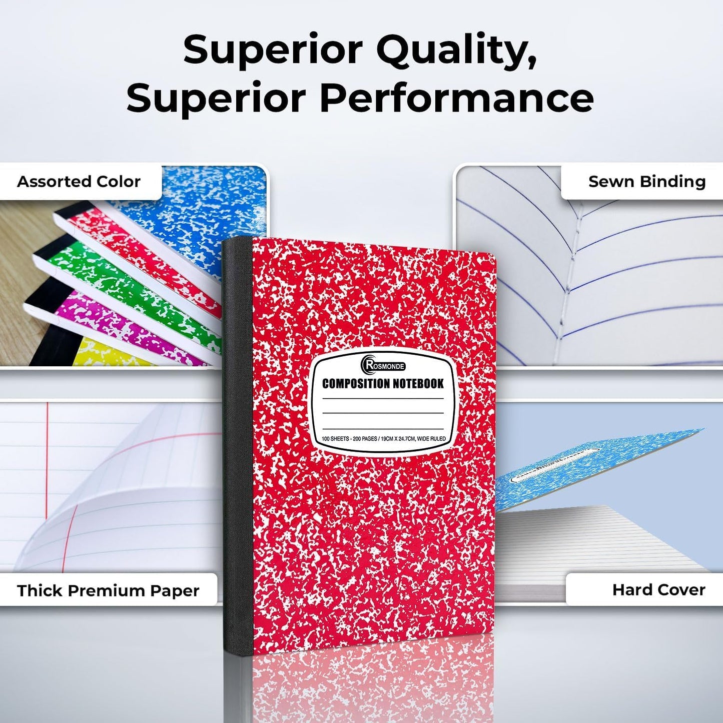 Rosmonde 5000 Pack (Pallet) Composition Notebooks Bulk, Wide Ruled, 200 Pages (100 Sheets), 9-3/4 x 7-1/2, Bulk Supplies for School Districts, Wholesale Orders, Educational Centre, 4-7 Days Transit