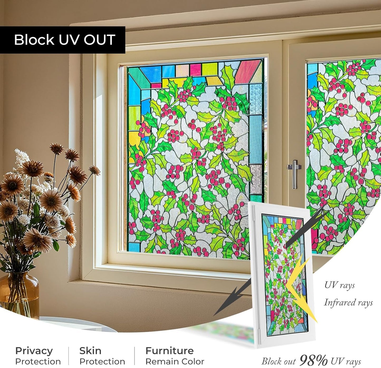 3D Stained Glass Window Film, Decorative Window Privacy Film for Bathroom,Front Door,Home, Sun Blocking Heat Control,Static Cling,23.6inch x 35.4inch Holly