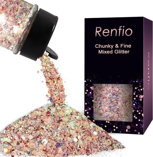 Renfio Opal Chunky Glitter, 1.75oz/50g Red Glitter, Dreamy High Sparkle Glitter for Crafts Holographic Fine Glitter Mix Iridescent Glitters Flake for Resin Nails Hair Snow Globe - Christmas Carnivals