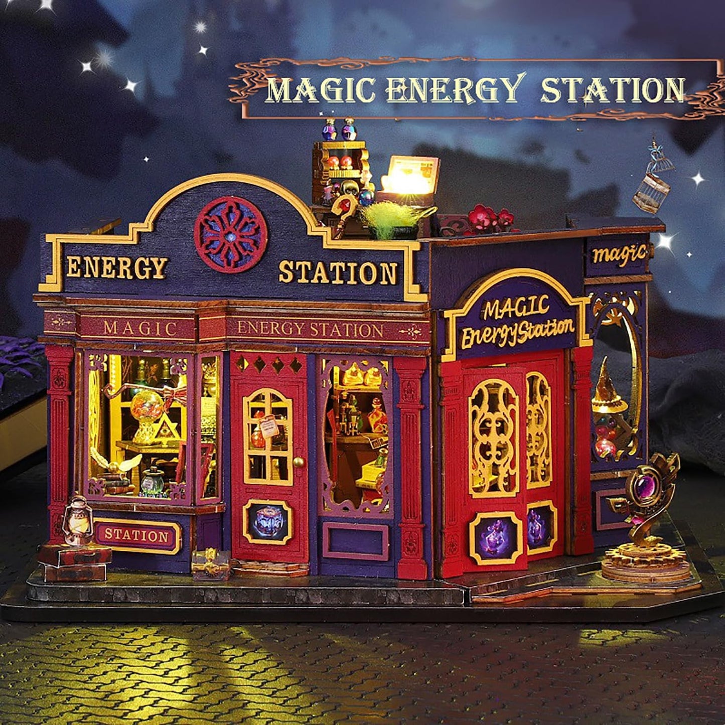 DIY Book Nook Kit - DIY Miniature Dolls House Kit with Furniture and LED Light, 3D Puzzle Wooden Art Bookends, Model Kits for Adults to Build (Magic Energy Station)