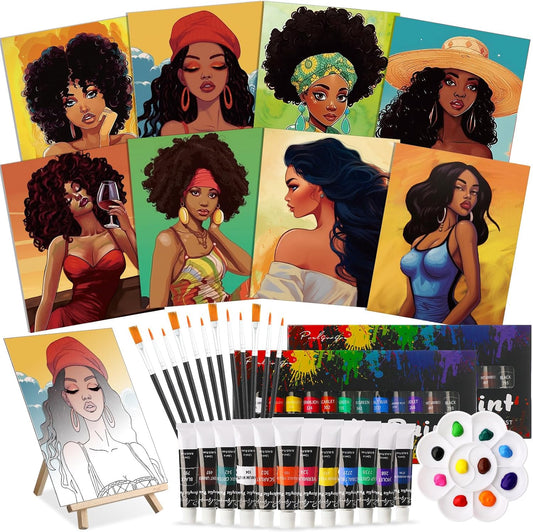 Cholemy 36 Pcs Paint and Sip Kit for Adults 8''x10'' Pre Drawn Canvas for Painting DIY Afro Acrylic Painting Kit Wood Easel Brushes Date Night Bulk for Christmas Party Gifts(Fashion Women)