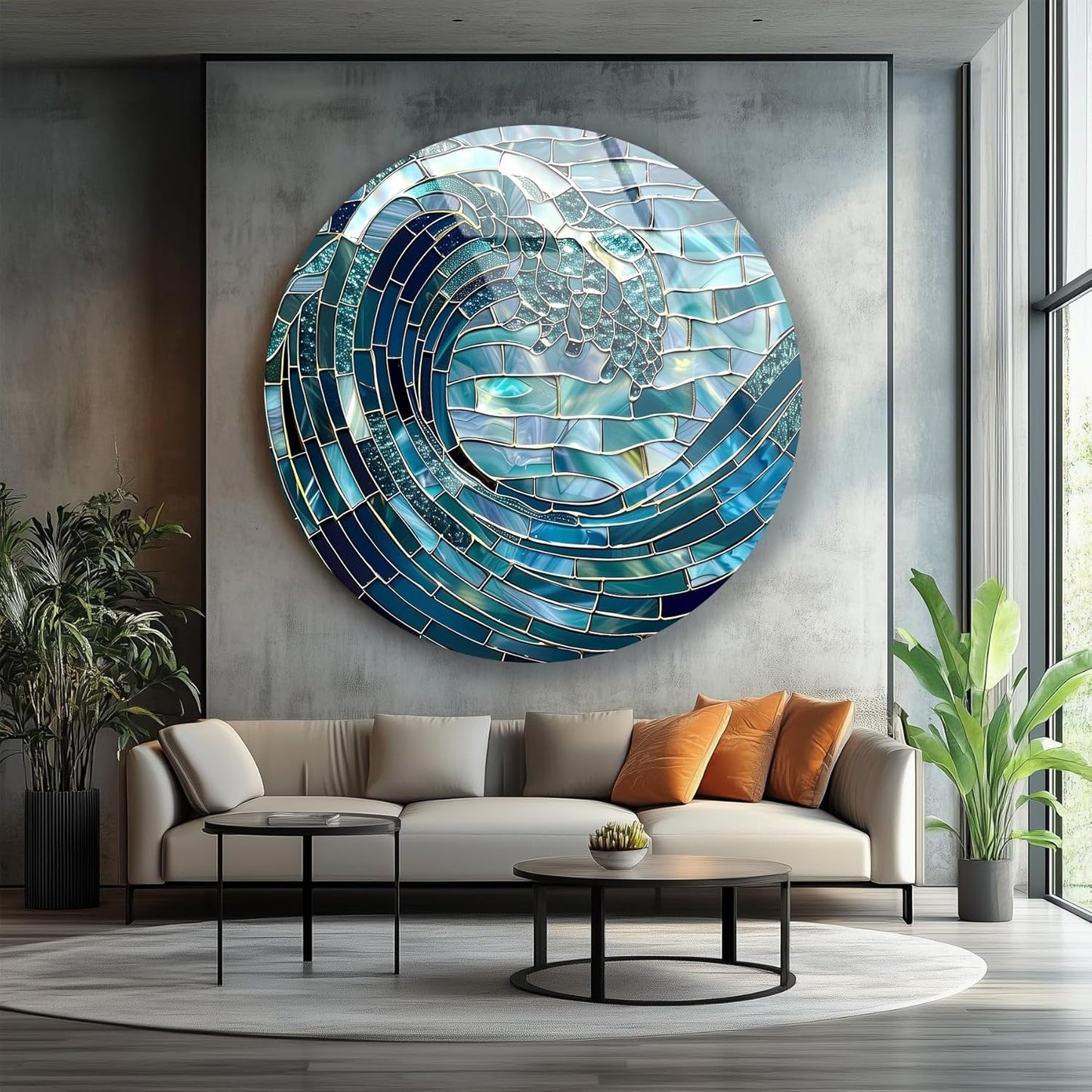 My Photostation.com 15.8''(40cm) Diameter Ocean Wave in Blue Mosaic Round Glass Wall Art Tempered Glass Printing Wall Decor Large Wall Art Wall Hangings