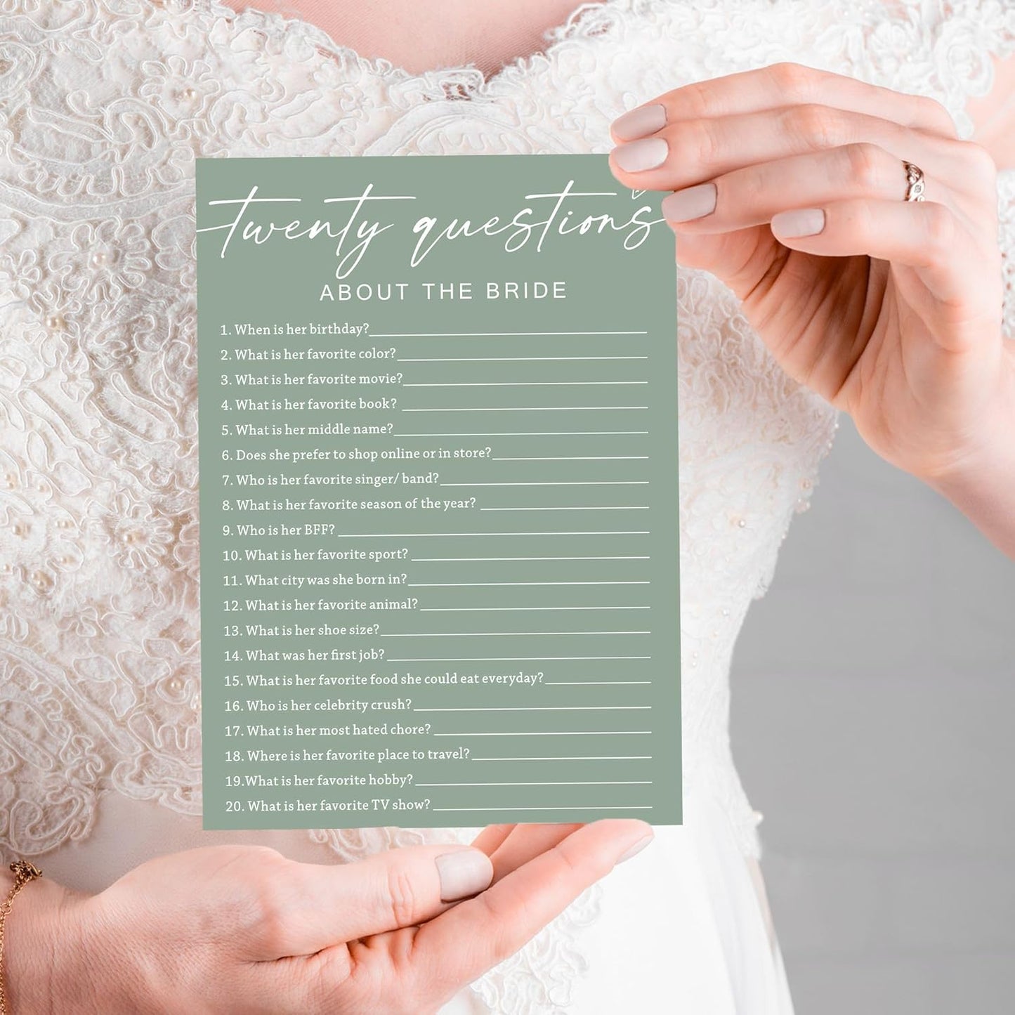 Bridal Shower Games Cards - Twenty Questions About The Bride for 25 Guests, Engagement Party Wedding Game, Minimalist Green Party Supplies - C05