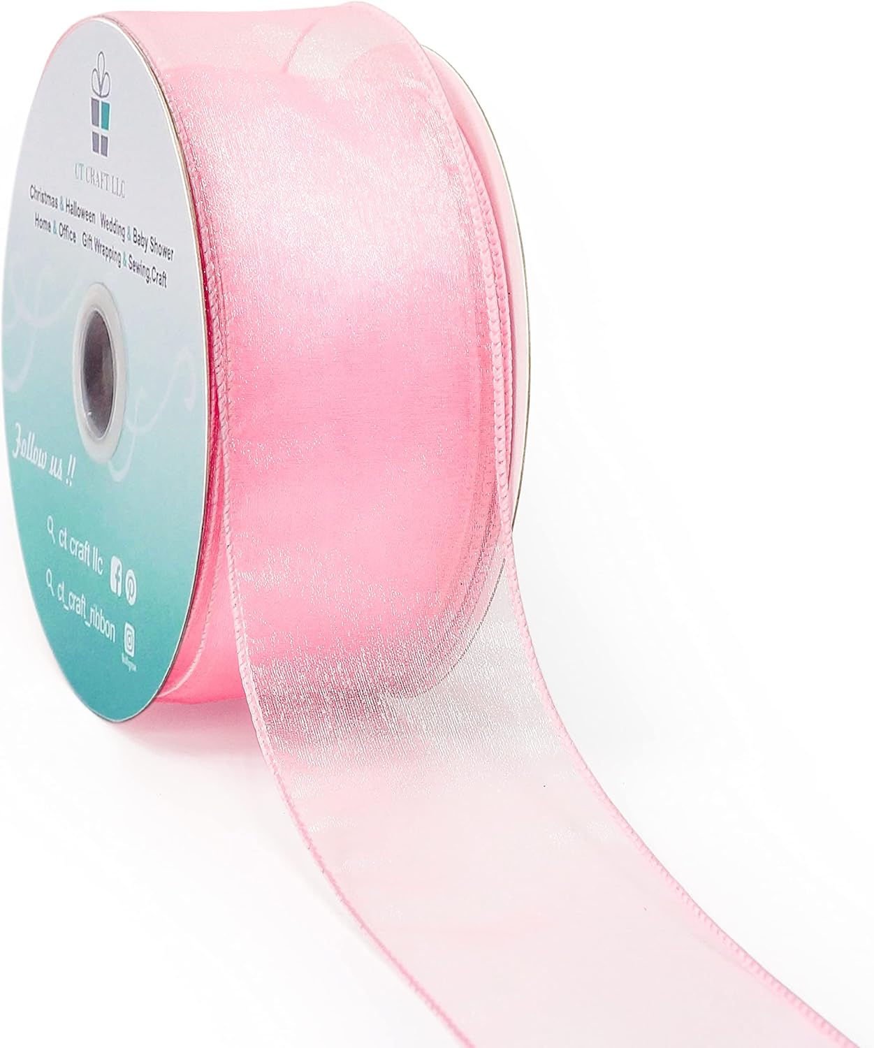 CT CRAFT LLC Sheer Organza Wired Ribbon 2.5" x 50Yards Pink for Wedding Chair Bow Flora Bouquet Gift Wrapping Christmas Tree Home Decor Wreath