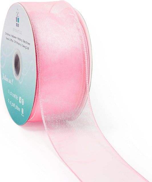 CT CRAFT LLC Sheer Organza Wired Ribbon 2.5" x 50Yards Pink for Wedding Chair Bow Flora Bouquet Gift Wrapping Christmas Tree Home Decor Wreath