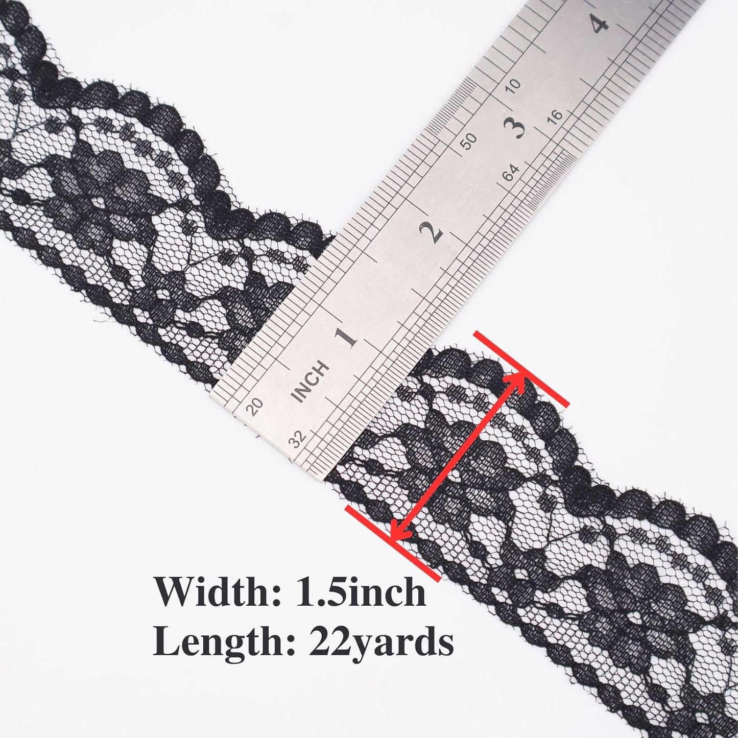 Black Lace Trim Sewing Lace Ribbon for Crafts Bridal Wedding Decoration, Bouquet and Gift Packaging (1.5Inch, 22Yards)