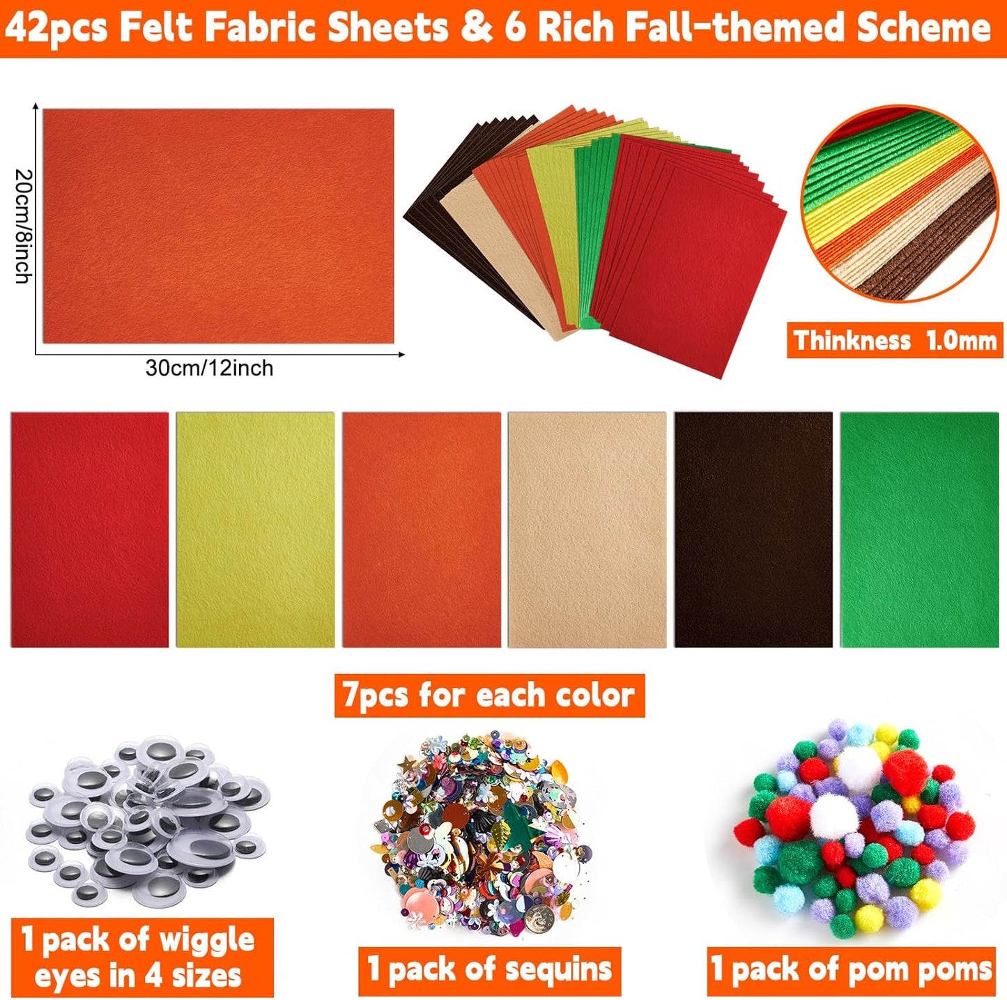 42Pcs Fall Felt Fabric Sheets 8 x 12 Inch Autumn Yellow Orange Assorted Soft Thick Felt Pack with Wiggle Google Eyes Pom Poms Glitter Patchwork for Thanksgiving DlY Sewing Creative Art Project Decor
