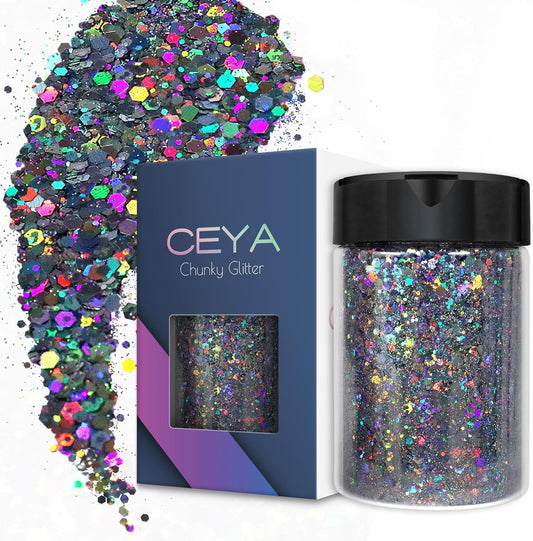 Ceya Holographic Chunky Glitter, 4.9oz/ 140g Silver Grey Craft Glitter Powder Mixed Chunky & Fine Flakes Iridescent Nail Sequins for Nail, Hair, Epoxy Resin, Tumblers, Slime, Painting, Festival Decor
