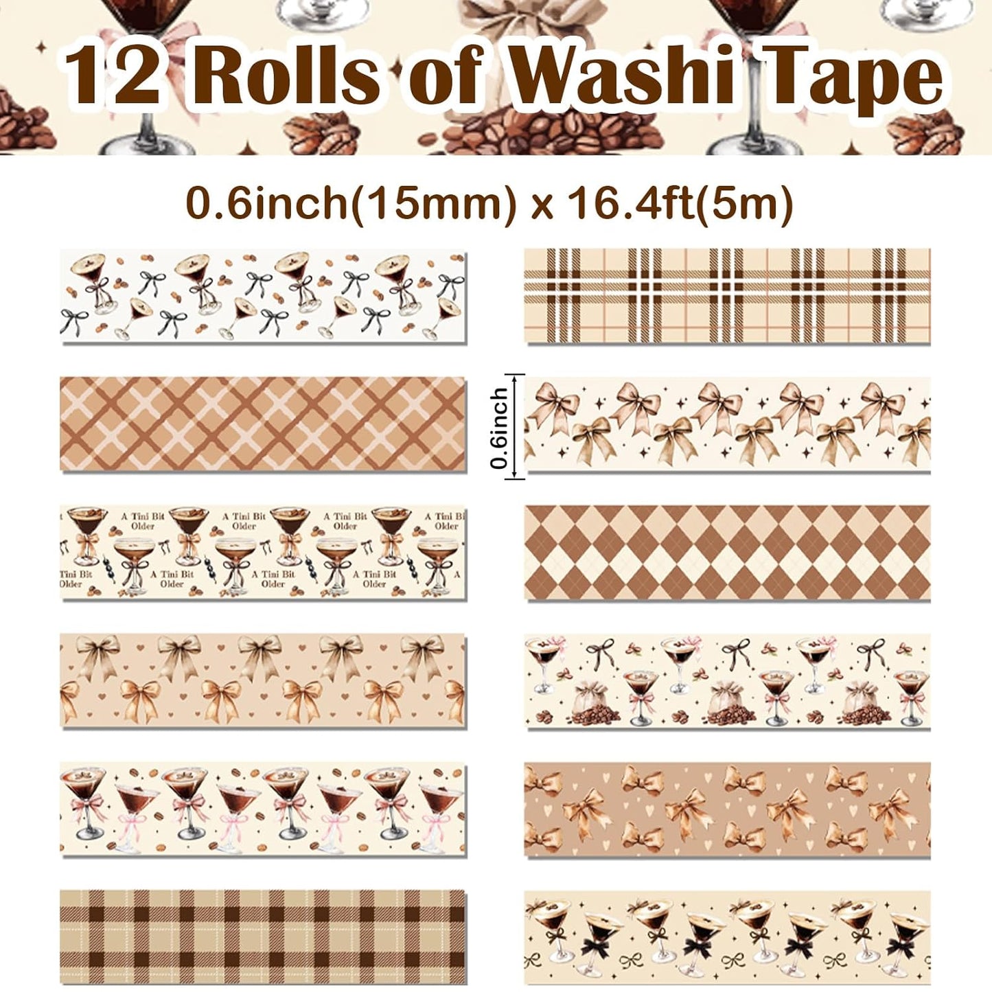 12 Rolls Martini Washi Tape, Vintage Brown Checkered Bow Masking Tape, Martini Coffee Decorative Sticker for Party Afternoon Tea Holiday Scrapbook Journal DIY Craft Gift Wraps 16.4FT