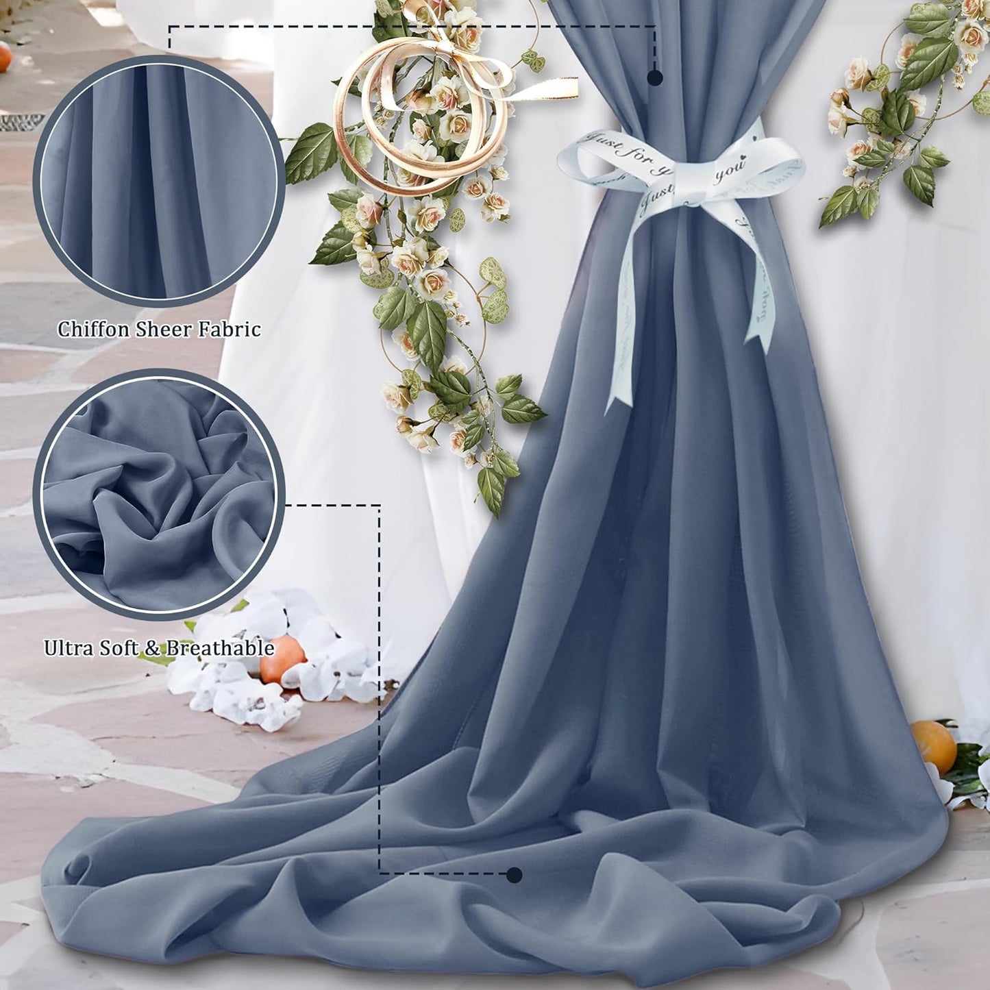 Horbaunal Dusty Blue Chiffon Fabric by The Yard, 5 Yard Continuous Sheer Fabric 59" Wide Soft Draping Fabric for Wedding Arch Draping Party Backdrop DIY Sewing