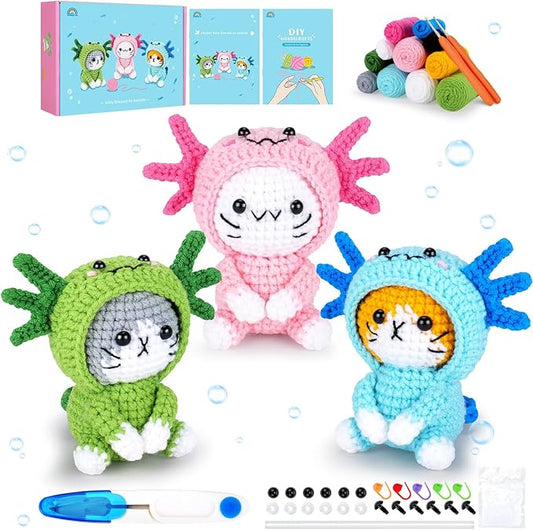 Fortuning's JDS Crochet Kit for Beginners - 3 PCS Axolotl Cat Crochet Kits with Step-by-Step Video Tutorials, Beginner Crochet Kit for Adults, Crochet Cat Dressed as Axolotl Set