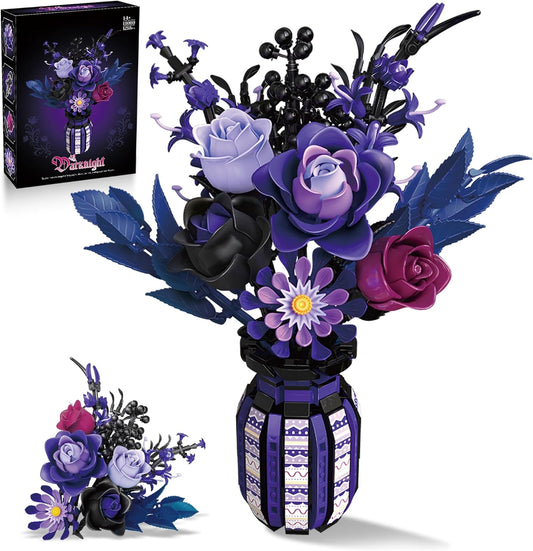 Flowers Bouquet Building Set Roses Purple Compatible with Lego Botanical Collection Gothic for Women Adults Girls 14+ Home Office Decor