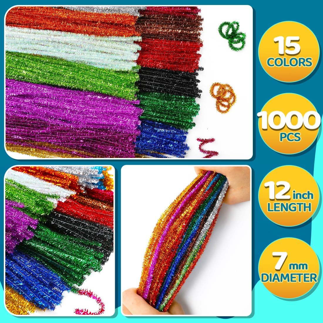 1000pcs Pipe Cleaners, Pipe Cleaners for Crafts, Craft Supplies Multicolor Chenille Stems for Art&Craft Christmas DIY Projects(15colors,Glitter)