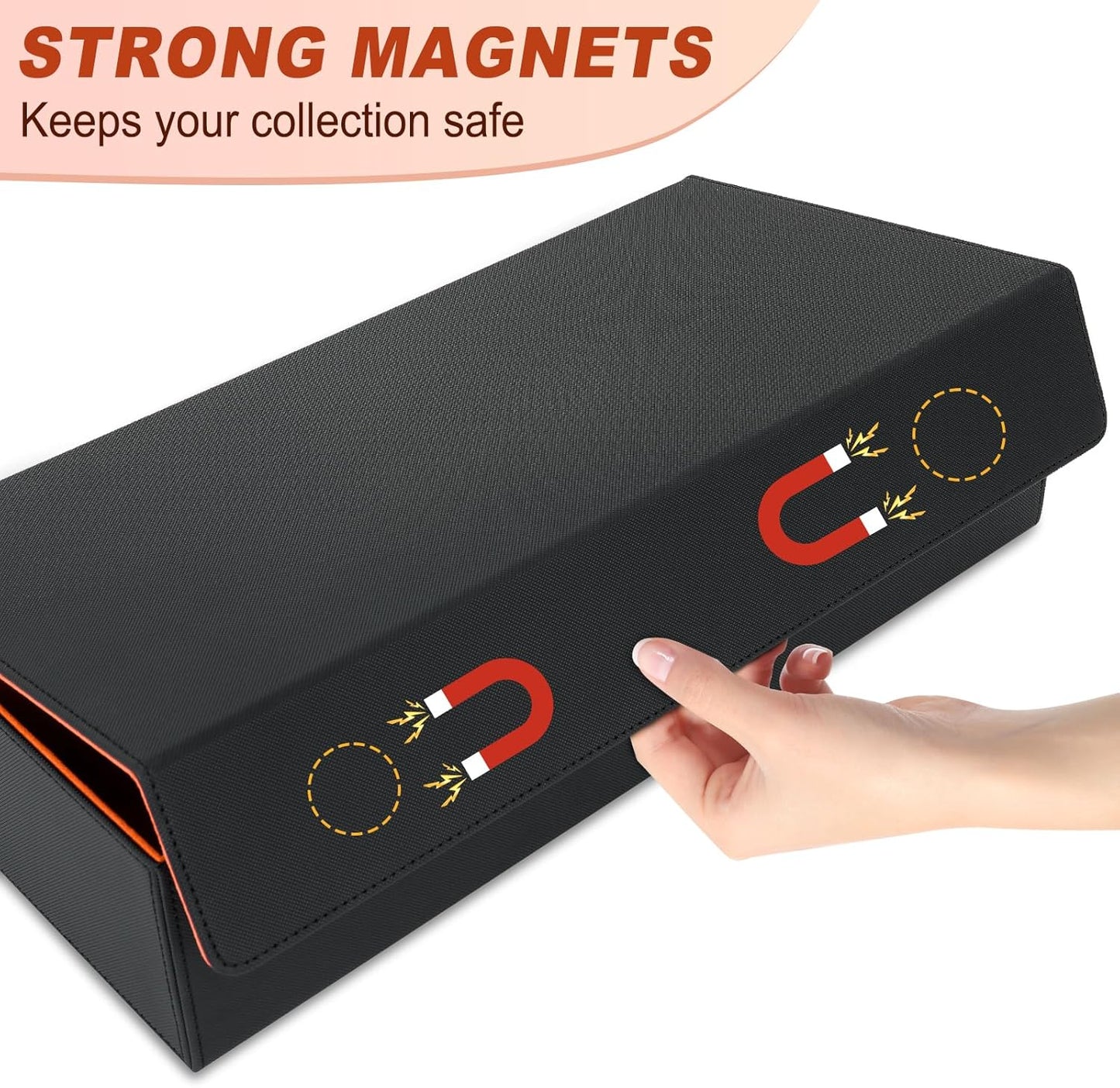 Card Deck Box,X-Large Premium Trading Card Storage Case with Mat and Dice Compartment,Magnetic Game Deck Display Case Compatible with MTG/TCG/Yugioh/Magic/Commander(Black＆Orange)