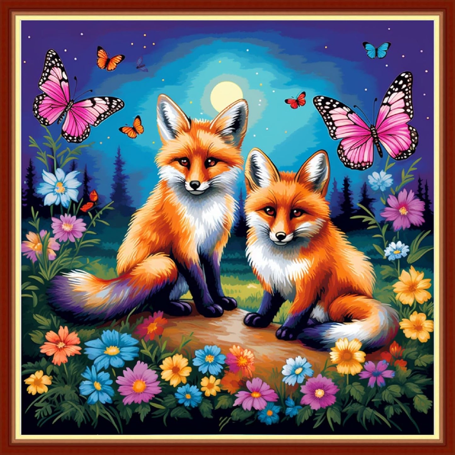 Foxhool Beginners Cross Stitch Kits Stamped Full Range of Embroidery Kits for Adults DIY Cross Stitches kit Embroidery Patterns for Needlepoint kit-Colorful Fox Butterfly 17.7x17.7 inch
