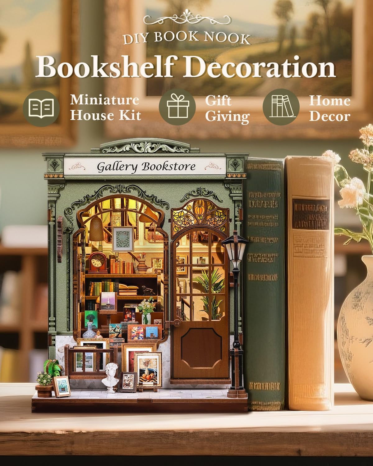 CUTEBEE Book Nook Kit - DIY Miniature House Dollhouse Kit for Adults, Booknook Library Bookstore Tiny House Bookshelf Decor 3D Wooden Puzzle, Gifts for Family and Friends (Gallery Bookstore)