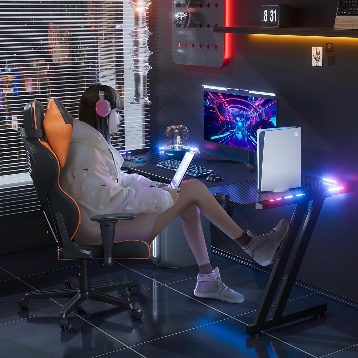 HLDIRECT 63 Inch Gaming Desk with LED Lights Carbon Fibre Surface Gaming Table Large Computer Desk Ergonomic Home Office Desks Z Shaped PC Gamer Workstations with Cup Holder & Headphone Hook Black