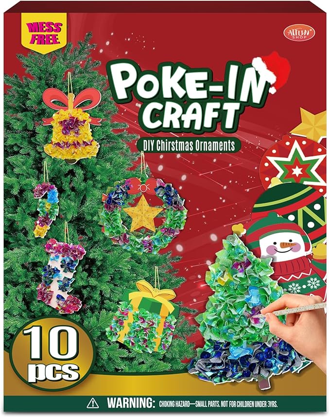 ATFUNSHOP Christmas Crafts for Kids Poke in Art No Mess Toy DIY Chrismas Ornaments for Boys and Girls Ages 4 5 6 7 8 9 10, Activity Kit Christmas Gifts, Xmas Party Favors Toys & Games