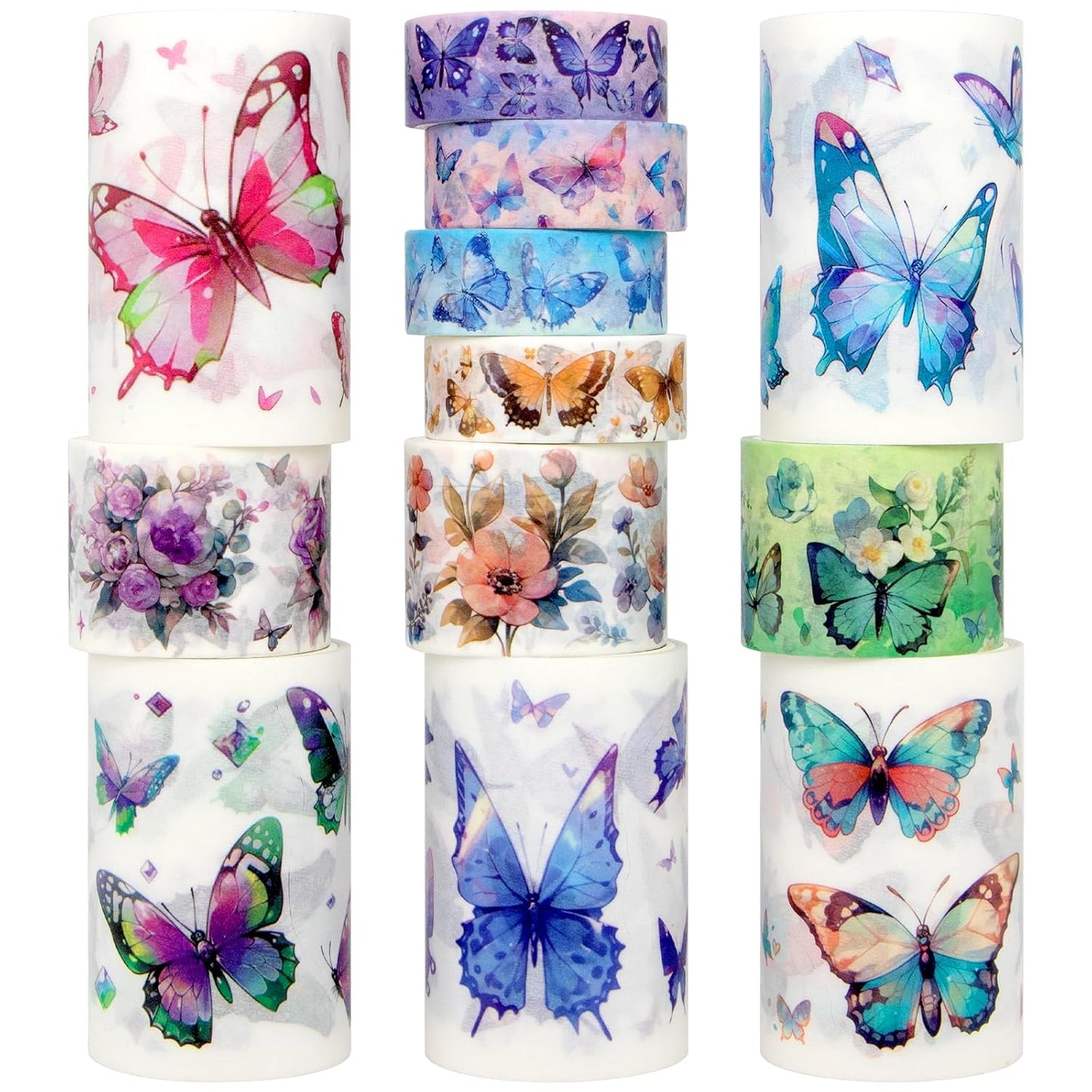 Washi Tape Set 12 Rolls - Over 700 PCS Butterfly Stickers, Washi Tape Stickers for Scrapbooking Supplies, Bullet Journaling Supplies, Junk Journal, DIY Crafts Art