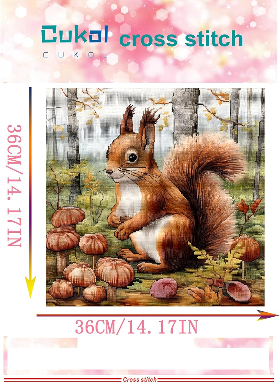 51buyoutgo 11CT Stamped Cross Stitch Kits for Adults - 14x14 in Beginner Embroidery Kit with Funny Easy Washable Animal Squirrel Pattern, Pre Printed Fabric, Fit for DIY Home Decor & Mom Gifts