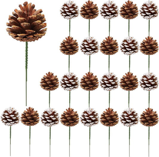 Fovths 24 Pieces Christmas Pine Cones Pick Pinecones Ornament Christmas Tree Decoration 2.4-3.1 Inches Pine Cones for Home Party Christmas Crafts (White, Natural)