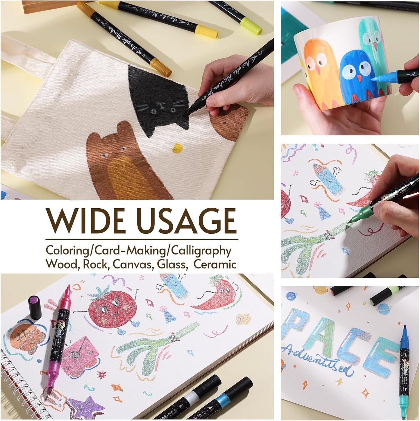 TOSAHRE 72 Colors Dual Tip Glitter Markers & Acrylic Marker Set Paint Pens 24 Pack+ Glitter Brush Marker 24 Pack (48 Colors) for Coloring Rock Wood Painting Scrapbooking Card Making & DIY (48 Pack)