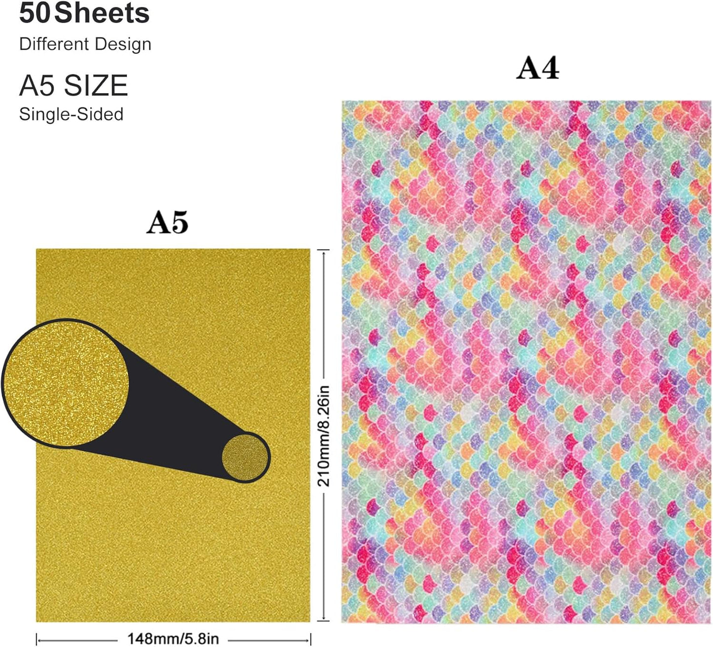 A5 GlitterTextured Scrapbook Paper - 50 Sheets Assorted Colors Designs Embossed Holographic Art Paper Pack for Greeting Cards Scrapbooking Collage Holiday Crafting