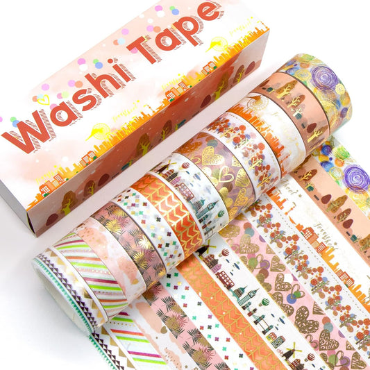 MPOPUUL Gold Foil Washi Tape Set 12 Rolls - Blooming Masking Tape, Decorative Tape for Bullet Journals Supplies, Gift Wrapping, DIY Crafts, Scrapbooking, Planners