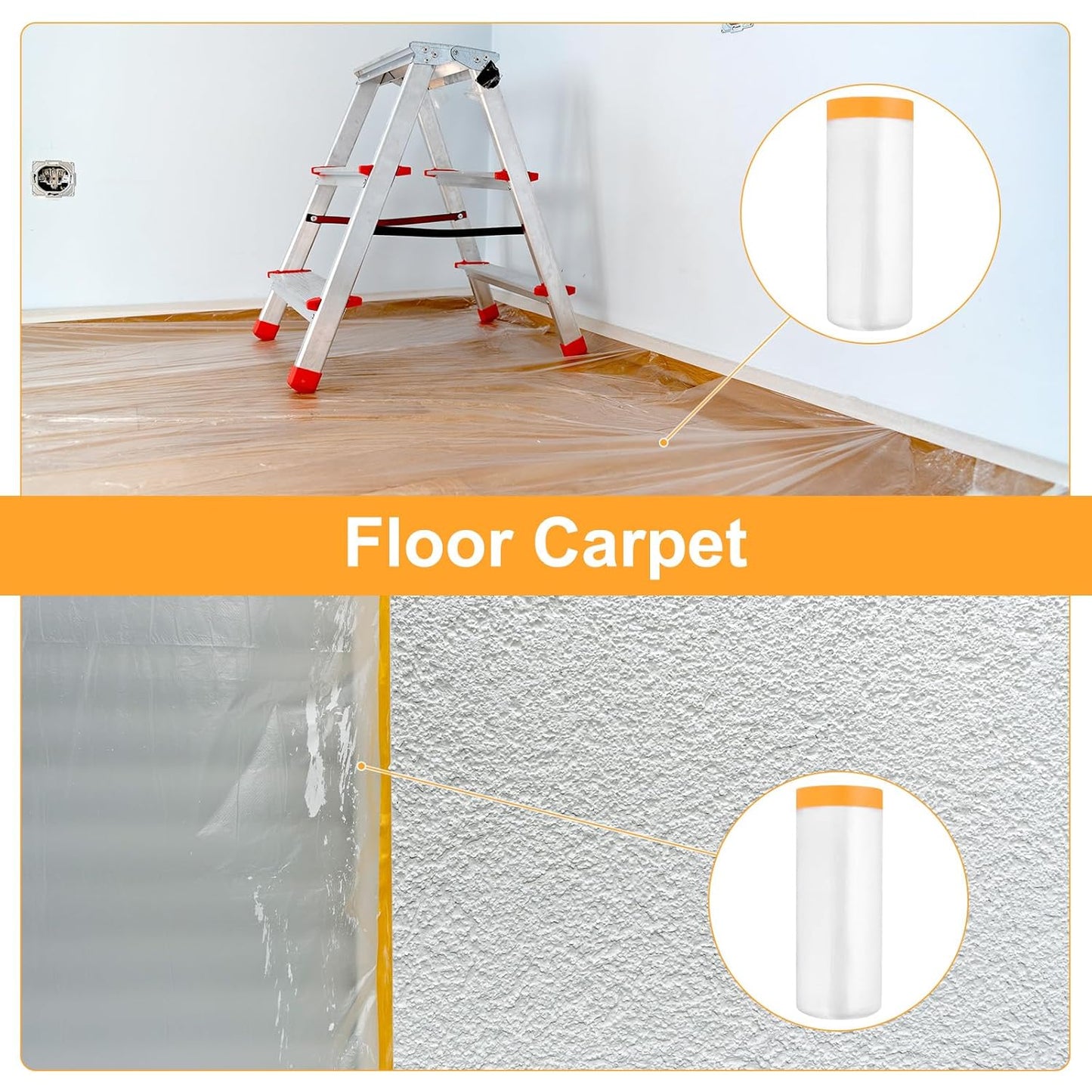 uxcell 2 Rolls Painters Plastic with Tape, 9 x 52 Ft Pre-Taped Masking Film Tape and Plastic Film Paint Plastic Covering Roll for Covering Skirting, Frames and Auto Body, Yellow/Clear