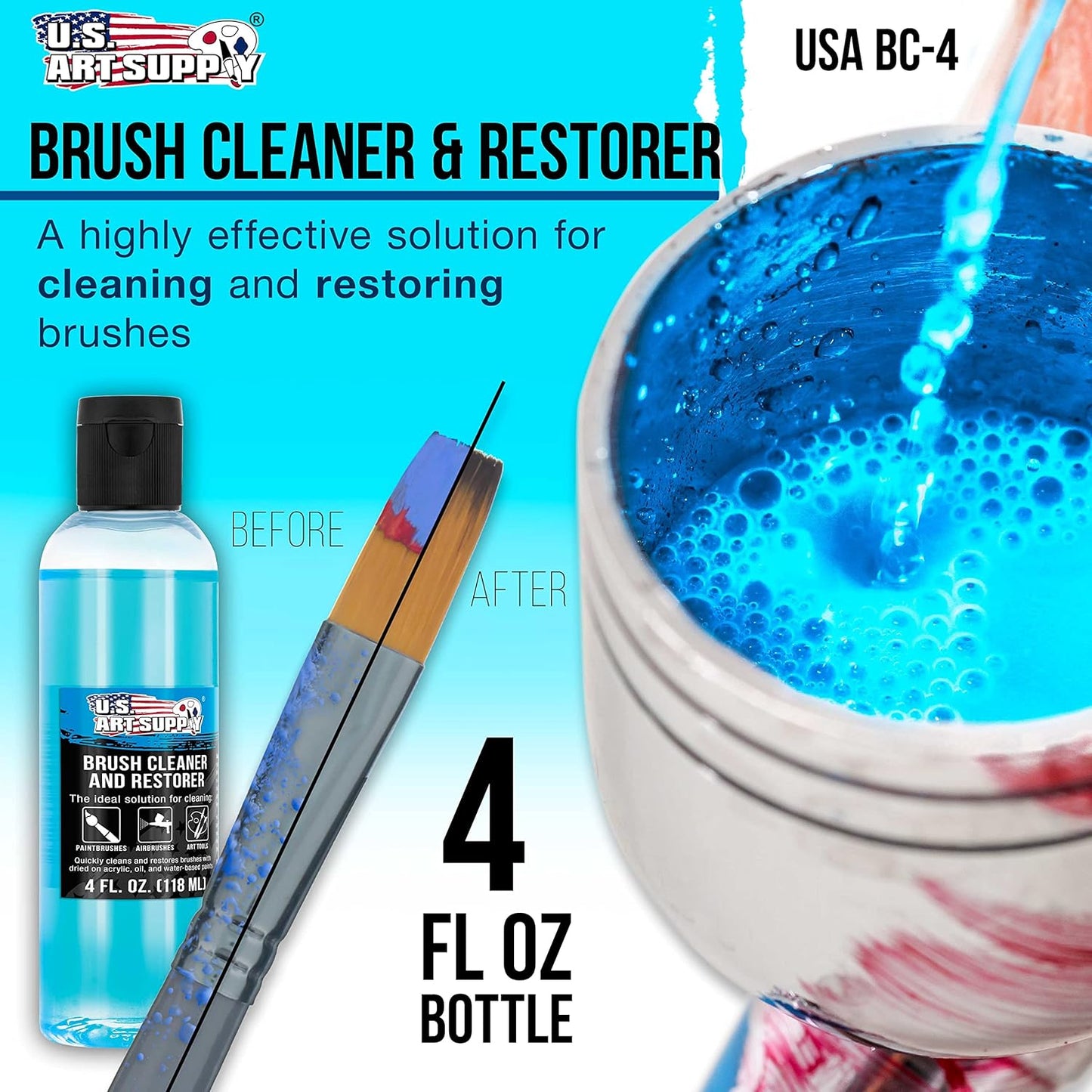 U.S. Art Supply Brush Cleaner and Restorer, 4 Ounce Bottle - Quickly Cleans Paint Brushes, Airbrushes, Art Tools - Cleaning Solution to Remove Dried On Acrylic, Oil and Water-Based Paint Colors